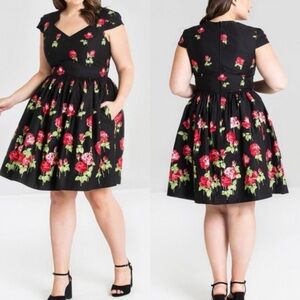 Hell Bunny Antonia Mid Dress Rose Print Floral Fit Flare Retro Pinup Rockabilly